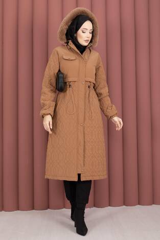 Kapitone Desen Kürk Kapüşonlu Nova Kaban Taba