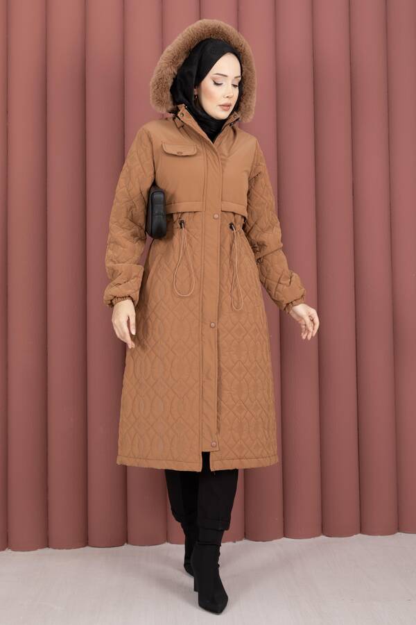 Hsm - Kapitone Desen Kürk Kapüşonlu Nova Kaban Taba