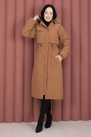 Kapitone Desen Kürk Kapüşonlu Nova Kaban Taba - Thumbnail