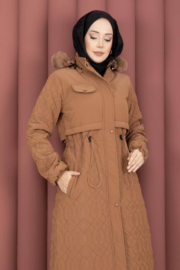 Hsm - Kapitone Desen Kürk Kapüşonlu Nova Kaban Taba (1)