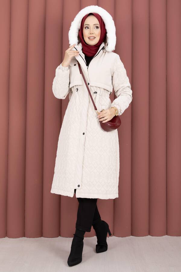 Hsm - Kapitone Desen Kürk Kapüşonlu Nova Kaban Taş