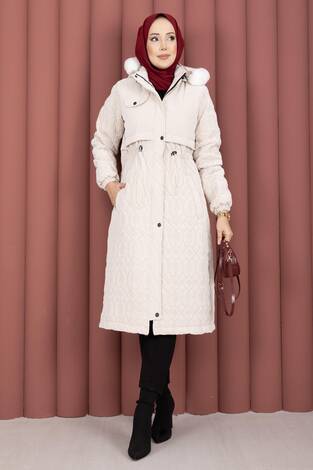 Kapitone Desen Kürk Kapüşonlu Nova Kaban Taş - Thumbnail