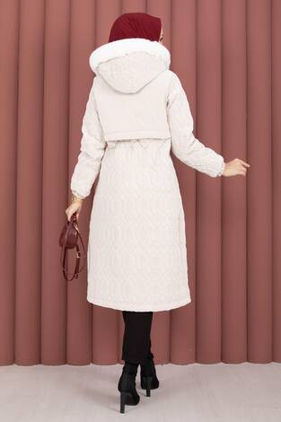 Kapitone Desen Kürk Kapüşonlu Nova Kaban Taş - Thumbnail