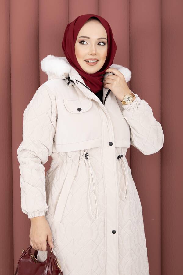 Hsm - Kapitone Desen Kürk Kapüşonlu Nova Kaban Taş (1)