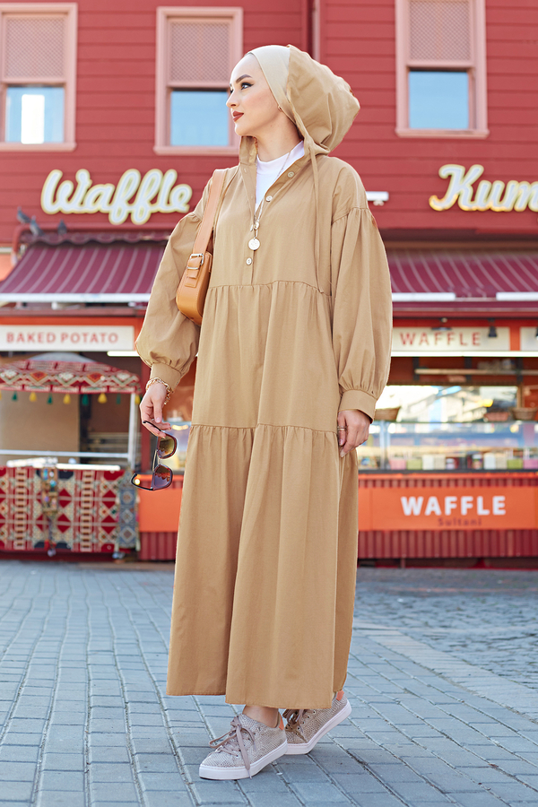 Kapşonlu Salaş Tesettür Elbise 100MD-10302 Camel