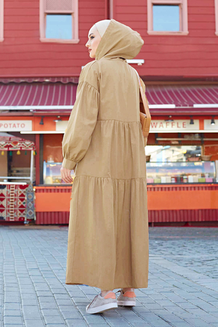 Kapşonlu Salaş Tesettür Elbise 100MD-10302 Camel - Thumbnail