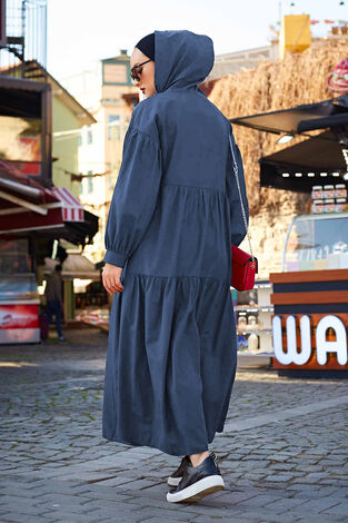 Kapşonlu Salaş Elbise 100MD-10302 İndigo - Thumbnail