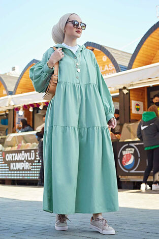 Kapşonlu Salaş Elbise 100MD-10302 Mint Yeşili - Thumbnail