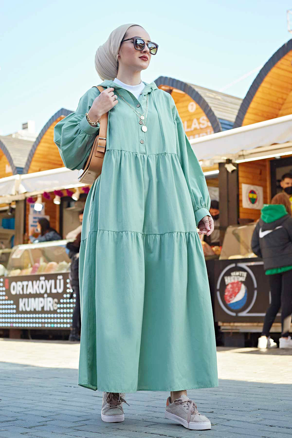 Kapşonlu Salaş Elbise 100MD-10302 Mint Yeşili