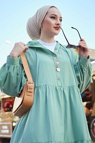 Kapşonlu Salaş Elbise 100MD-10302 Mint Yeşili - Thumbnail
