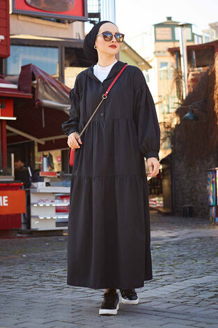 Kapşonlu Salaş Elbise 100MD-10302 Siyah - Thumbnail