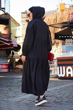 Kapşonlu Salaş Elbise 100MD-10302 Siyah - Thumbnail