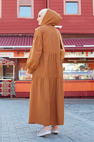 Kapşonlu Salaş Elbise 100MD-10302 Taba - Thumbnail