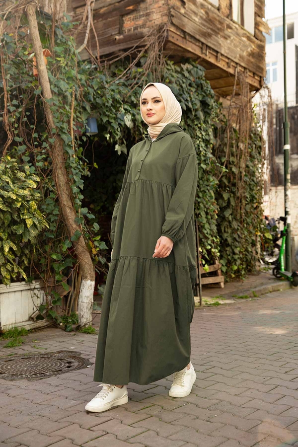 E - Kapşonlu Salaş Elbise 190E-4697 Haki
