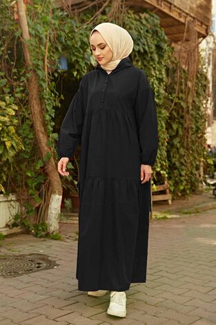 Kapşonlu Salaş Elbise 190E-4697 Siyah - Thumbnail