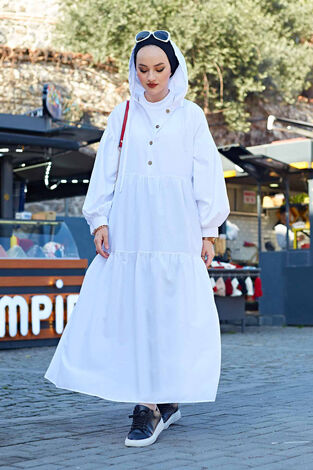 Kapşonlu Salaş Elbise 530GK-12021 Beyaz - Thumbnail
