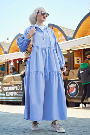 Kapşonlu Salaş Elbise 530GK-12021 Mavi - Thumbnail