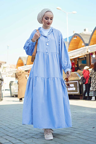 Kapşonlu Salaş Elbise 530GK-12021 Mavi - Thumbnail