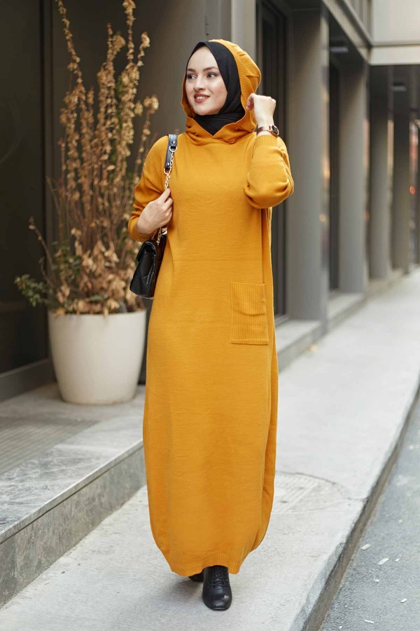  - Kapşonlu Triko Elbise 7351-3 Hardal