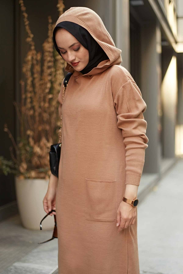  - Kapşonlu Triko Elbise 7351-4 Kahve (1)