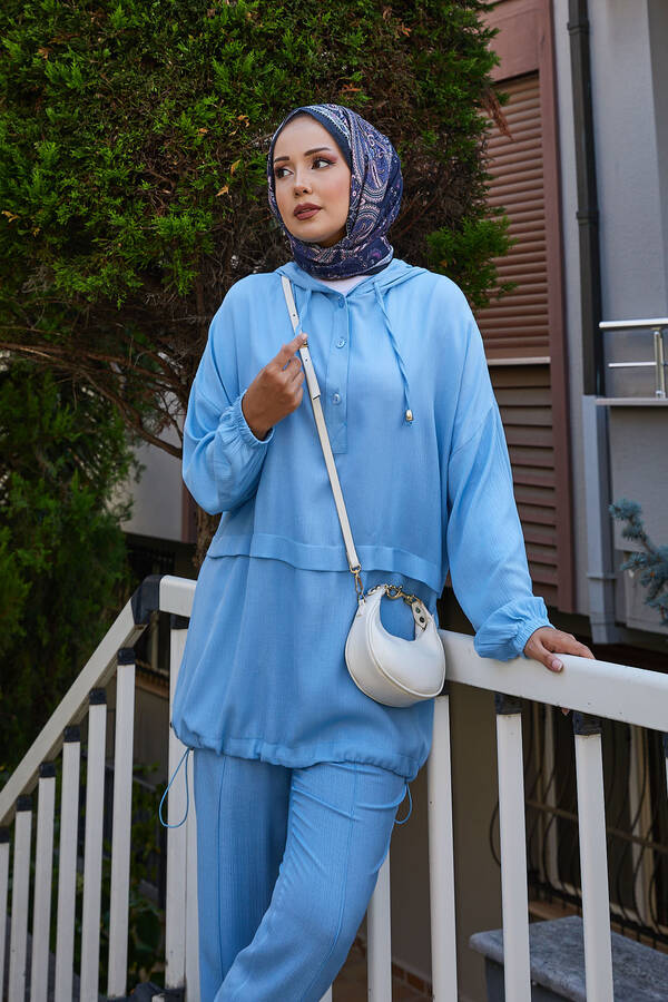 MD - Kapüşon Ve Düğme Detaylı İkili Takım Bebe Mavisi (1)