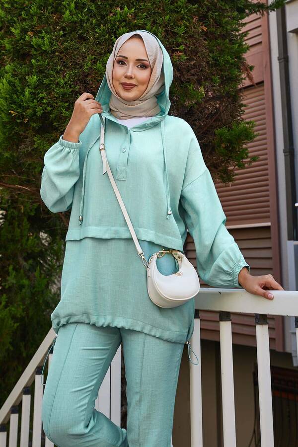 MD - Kapüşon Ve Düğme Detaylı İkili Takım Mint (1)