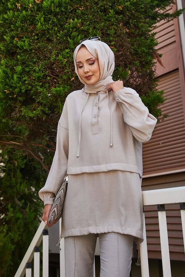 MD - Kapüşon Ve Düğme Detaylı İkili Takım Taş (1)