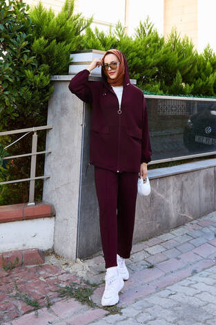 Kapüşon Ve Fermuar Detaylı İkili Oyşo Takım Bordo - Thumbnail