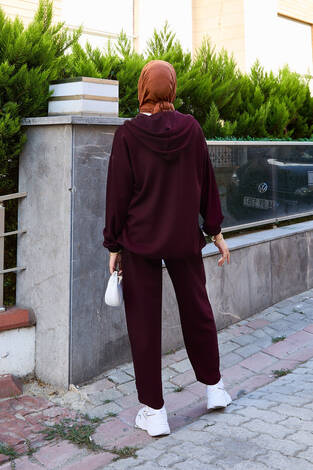 Kapüşon Ve Fermuar Detaylı İkili Oyşo Takım Bordo - Thumbnail