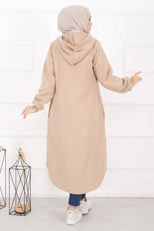 Kapüşonlu Boydan Düğmeli Kaşe Kap Bej - Thumbnail
