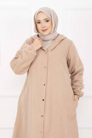 Kapüşonlu Boydan Düğmeli Kaşe Kap Bej - Thumbnail