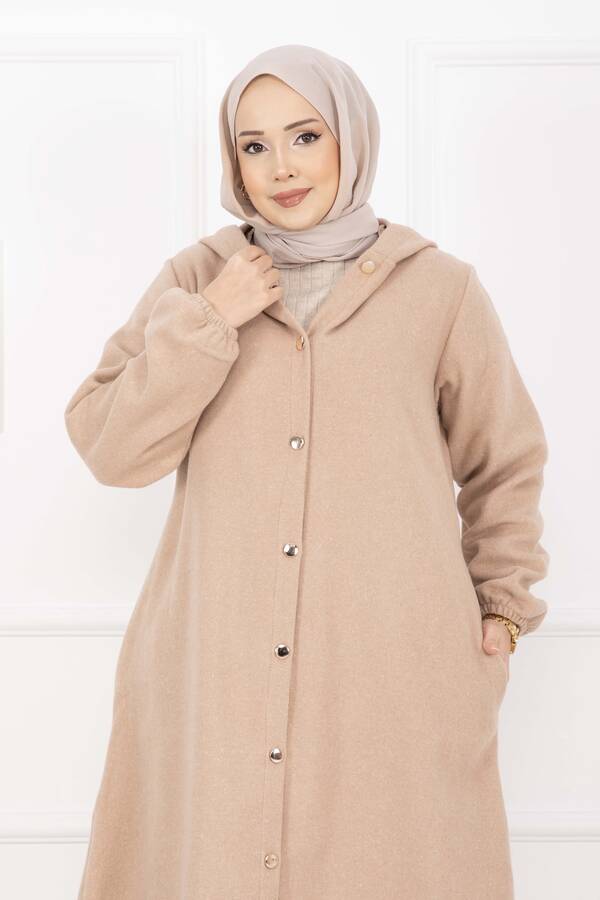 Nz - Kapüşonlu Boydan Düğmeli Kaşe Kap Bej (1)