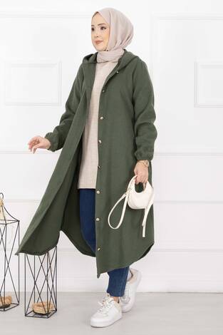 Kapüşonlu Boydan Düğmeli Kaşe Kap Haki - Thumbnail