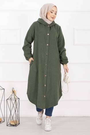 Kapüşonlu Boydan Düğmeli Kaşe Kap Haki - Thumbnail