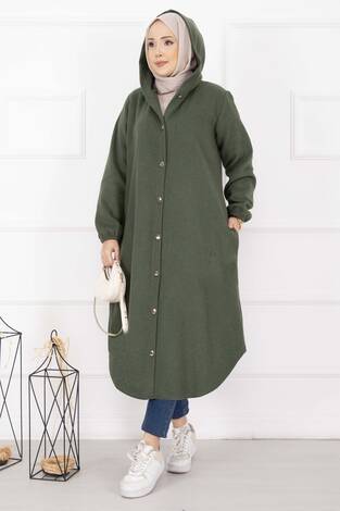 Kapüşonlu Boydan Düğmeli Kaşe Kap Haki - Thumbnail