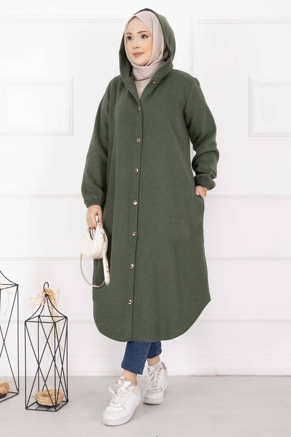 Nz - Kapüşonlu Boydan Düğmeli Kaşe Kap Haki