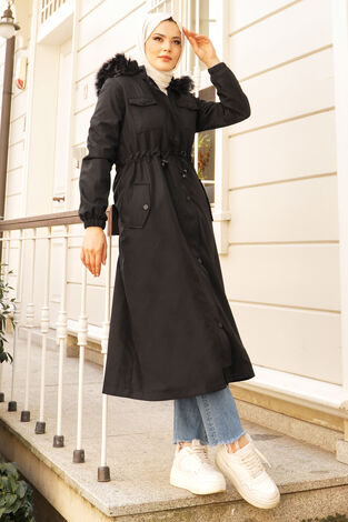 Kapüşonlu Cep Detaylı Tesettür Mont Siyah - Thumbnail
