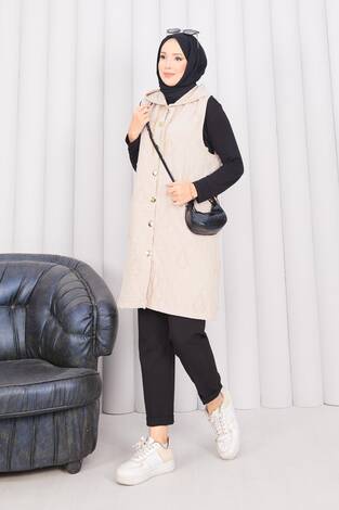 Kapüşonlu Düğmeli Tesettür Kapitone Yelek Bej - Thumbnail