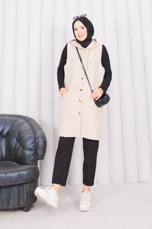 Kapüşonlu Düğmeli Tesettür Kapitone Yelek Bej