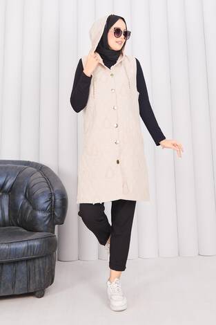 Kapüşonlu Düğmeli Tesettür Kapitone Yelek Bej - Thumbnail