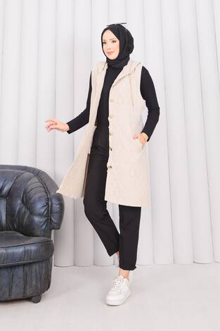 Kapüşonlu Düğmeli Tesettür Kapitone Yelek Bej - Thumbnail