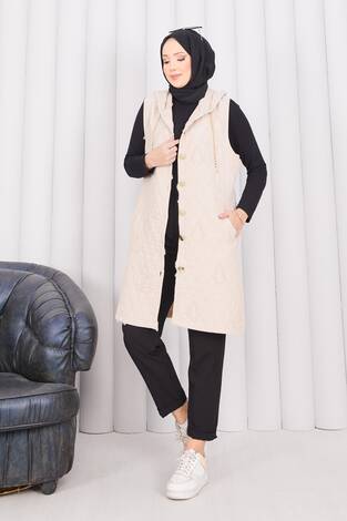 Kapüşonlu Düğmeli Tesettür Kapitone Yelek Bej - Thumbnail