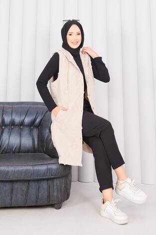 Kapüşonlu Düğmeli Tesettür Kapitone Yelek Bej - Thumbnail