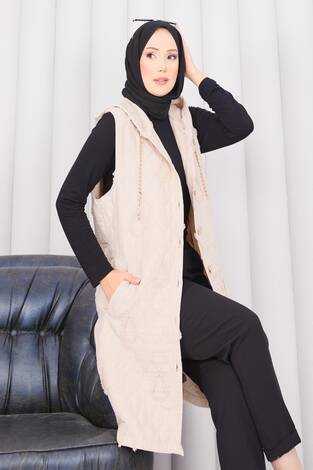 Kapüşonlu Düğmeli Tesettür Kapitone Yelek Bej - Thumbnail
