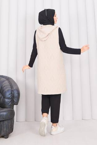 Kapüşonlu Düğmeli Tesettür Kapitone Yelek Bej - Thumbnail