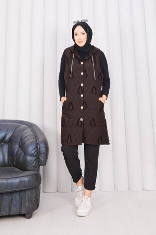 Kapüşonlu Düğmeli Tesettür Kapitone Yelek Kahve - Thumbnail
