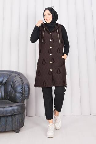 Kapüşonlu Düğmeli Tesettür Kapitone Yelek Kahve - Thumbnail