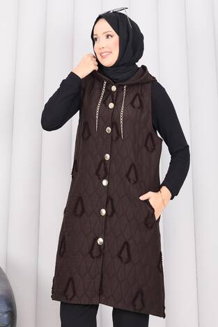 Kapüşonlu Düğmeli Tesettür Kapitone Yelek Kahve - Thumbnail