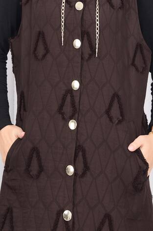 Kapüşonlu Düğmeli Tesettür Kapitone Yelek Kahve - Thumbnail