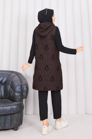 Kapüşonlu Düğmeli Tesettür Kapitone Yelek Kahve - Thumbnail
